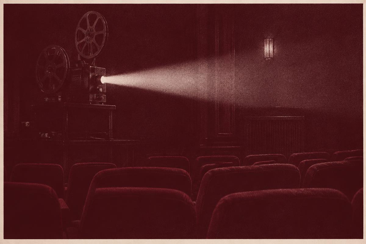 Proyector antiguo iluminando una sala de butacas granate